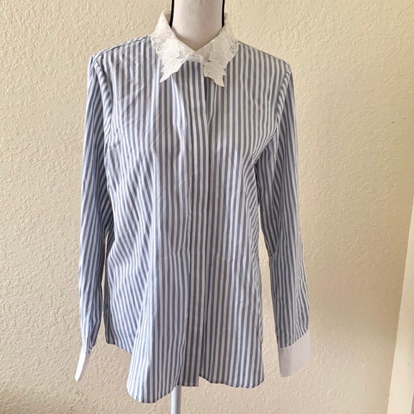 Karl Lagerfeld Tops - Karl Lagerfeld Striped Lace Collar Button Down L